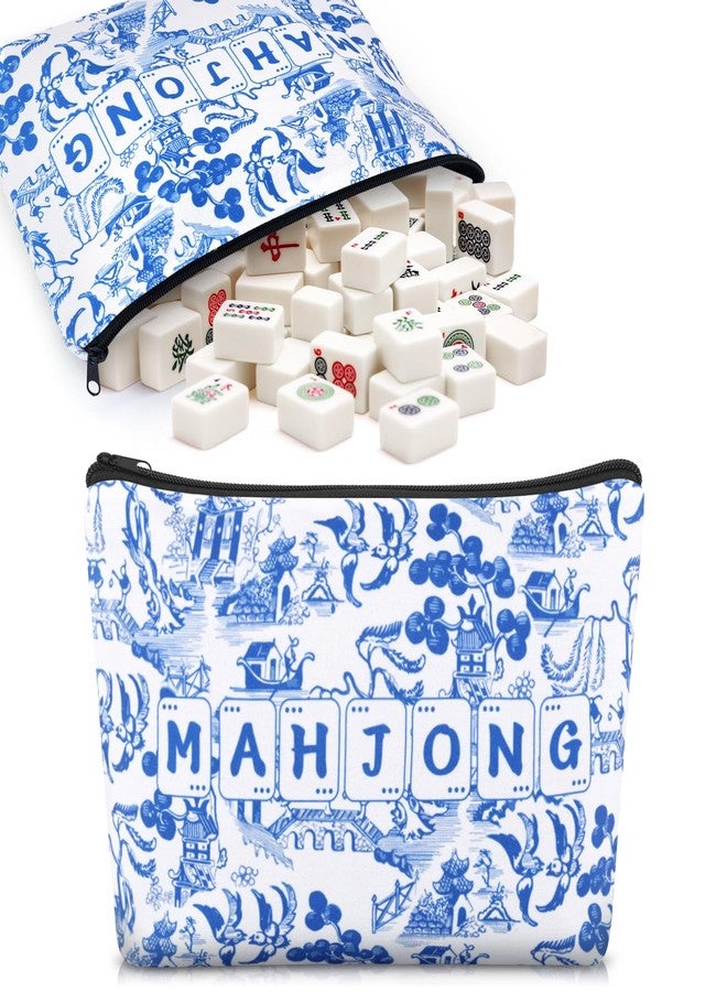 Booson American Mahjong Bag Blue White Floral Tile Carrying Bag Soft Thickened Storage Case with Zipper Inner Pocket 13 x 7.8 x 3.2 Inches - Image 1
